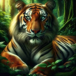 Majestic Tiger Resting in Lush Forest - Striped Orange Coat