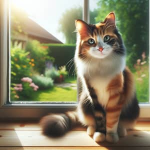 Calico Cat Enjoying Morning Sun on Wooden Windowsill