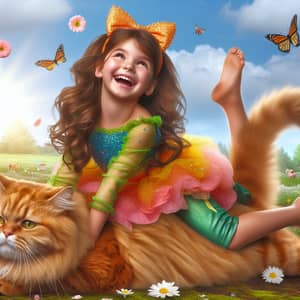 Young Caucasian Girl Playfully Riding Large Fluffy Orange Tabby Cat