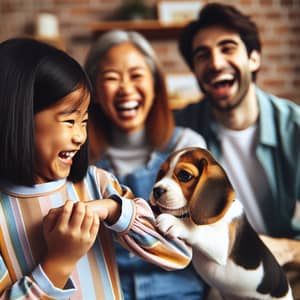 Adorable Beagle Puppy Playing with Young Girl While Family Laughs