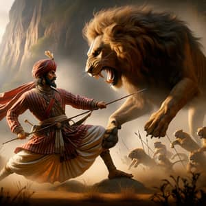 Chh. Sambhaji Maharaj Engaging in Battle with Lion - Maratha Empire
