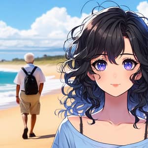 Anime Girl with Violet Eyes at the Beach