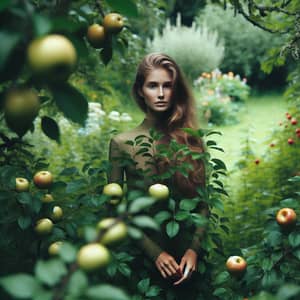 Tranquil Garden Scene with Woman Among Fruit Trees