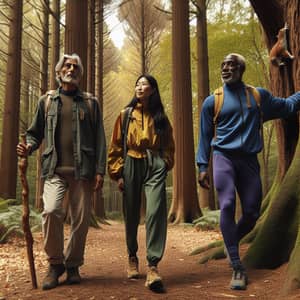 Diverse Group Hiking in Autumn Woods - Nature Walk Adventure