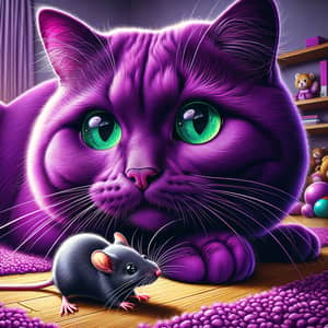 Vibrant Purple Cat Playfully Nibbling on Stunned Mouse