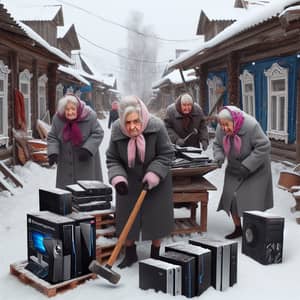 Elderly Women Sell Laptops in Snowy Russian Town | Grandmother Smashes Electronics