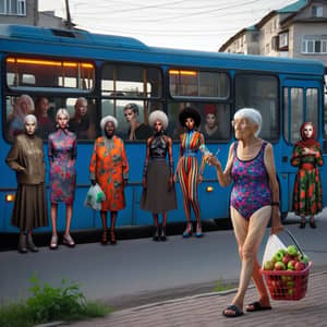 Elderly Woman Observes Diverse Street Fashion in Saratov