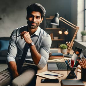 Modern Indian Man at Desk: Professional Pose