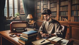 Guy Studying in a Cozy Library with Classical Music