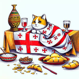 Georgian Flag Cat Celebrating New Year's Eve | Joyful Feast Scene