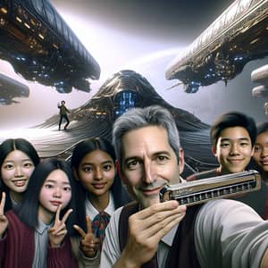 Futuristic Classroom Selfie with Teacher & Diverse Students