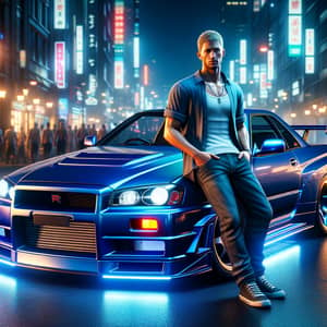 Shiny Blue Nissan Skyline R34 with Neon Lights - City Nightlife Scene