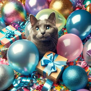 Joyous Blue Russian Cat Surrounded by Celebration Items