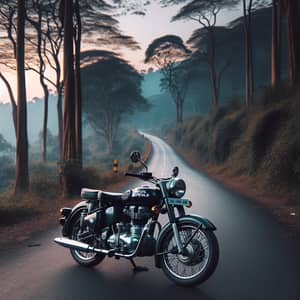 Classic Royal Enfield Motorcycle on Serene Twilight Road