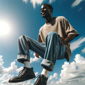 Happy Black Man Sitting Outdoors | Casual Smile in Air