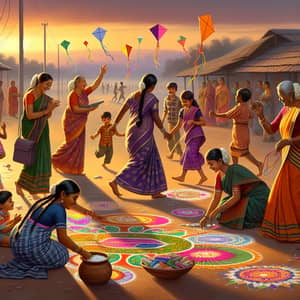 Telugu Village Morning: Diverse Women Creating Rangoli & Children Flying Kites