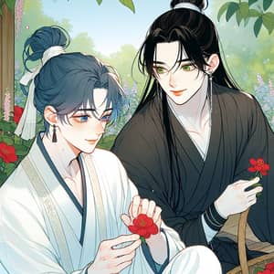 Manhwa Style Illustration of Two Young Men in a Garden