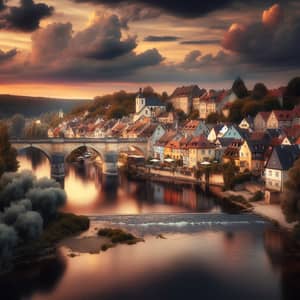 Tranquil Riverside Town at Late Sunset | Charming Houses & Stone Bridge