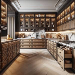 Luxurious Kitchen with Oak Veneer Fronts and Marble Countertop