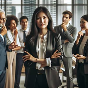 Asian Woman in Diverse Office Setting | Professional Interaction