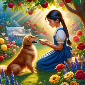 Hispanic Girl and Golden Retriever in Sunlit Garden | Heartwarming Scene