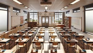 Modern School Classroom Scene with Whiteboard and Bookshelves