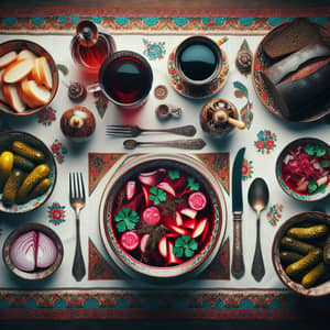 Traditional Russian Meal Composition | Classic Dishes and Kvass