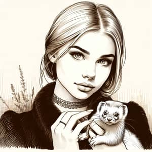 Caucasian Woman with Weasel - Hand-drawn Illustration