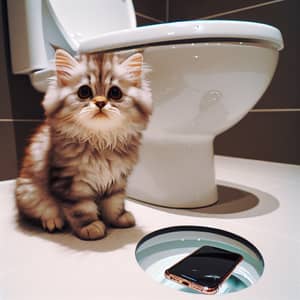 Adorable Kitten Surprised by Phone in Toilet