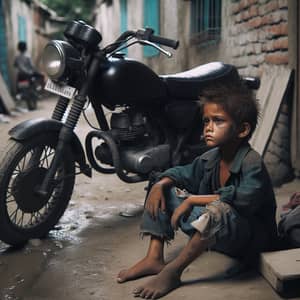 Street Child with Black Motorcycle