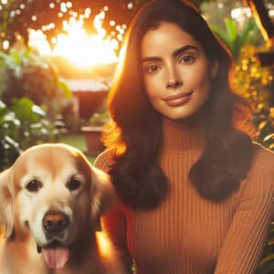 Hispanic Woman & Golden Retriever Enjoying Sunset in Lush Garden