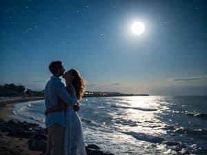 Romantic Couple by the Moonlit Sea