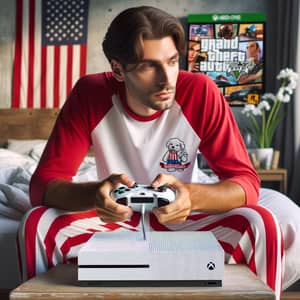 Caucasian Man Playing GTA 5 on Gaming Console in Bedroom