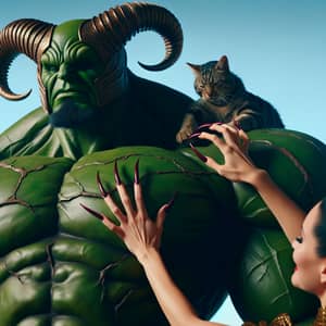 Woman with Long Cat-Like Nails Scratching a Green Humanoid's Back