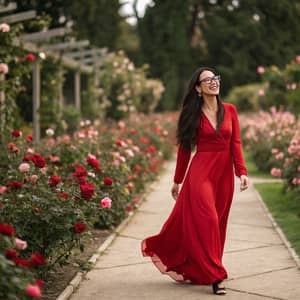 Elegant Woman in Red Dress at Rose Park