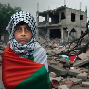 10-Year-Old Boy with Arabic Features in Front of Ruined House