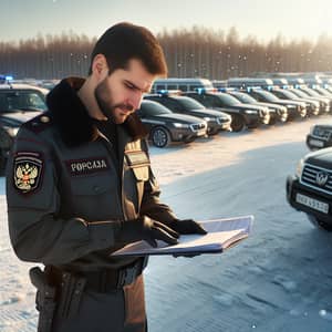 Male Russian MVD Officer Examining Documents | Law Enforcement Vehicles in Russian Parking Area