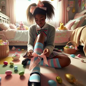 African Descent Schoolgirl Easter Decor Scene