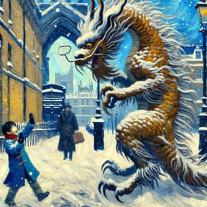 Van Gogh-inspired Asian Child and Kui Mythical Beast Encounter in Old London