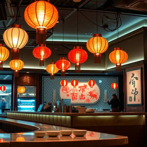 Luminous Chinese Restaurant Counter with Lanterns