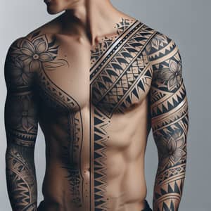 Male Tribal Sleeve Tattoo Design with Small Flower Motifs and Sharktooth