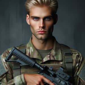 Male Caucasian Soldier in Military Uniform with Rifle at Ready