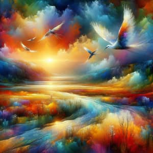 Vibrant Landscape Artwork with Graceful Birds in Flight