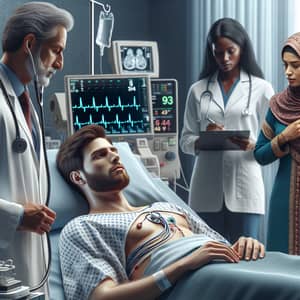 Realistic Photo of Male Patient in Hospital Bed with Doctor, Nurse, and Wife