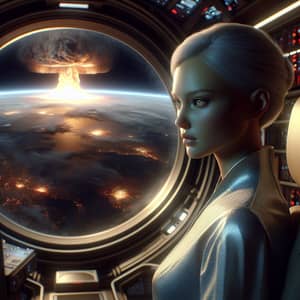 Feminine Humanoid AI in Spaceship Amidst Nuclear Destruction