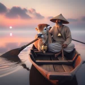 Serene Middle-Eastern Fisherman Rowing Wooden Boat on Quiet Lake