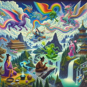 Fantastical Xianxia Scene with Mythical Beasts and Diverse Cultivators