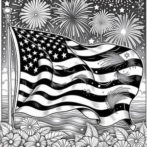 Coloring Page: American Flag & Fireworks for Kids