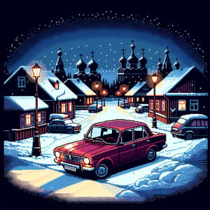 Vintage Cherry Red Volga 3102 Car in a Snowy Russian Town