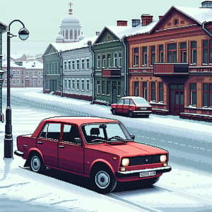 Cherry Red LADA 2109 in Soviet-Era Russian Town | Winter Scene